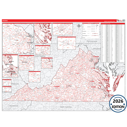 Virginia Red Line 5 Digit ZIP Code Wall Map