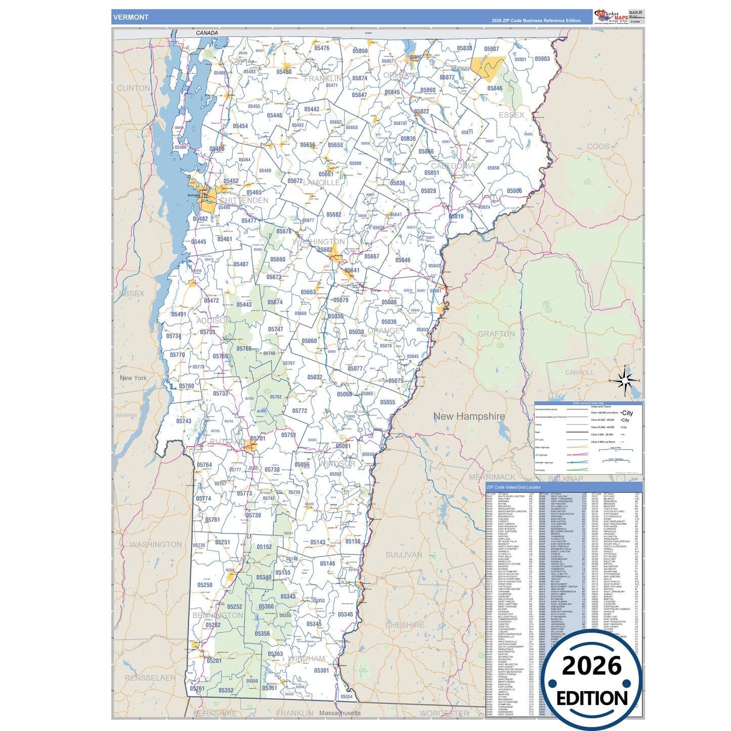 Vermont Business Reference 5 Digit ZIP Code Wall Map