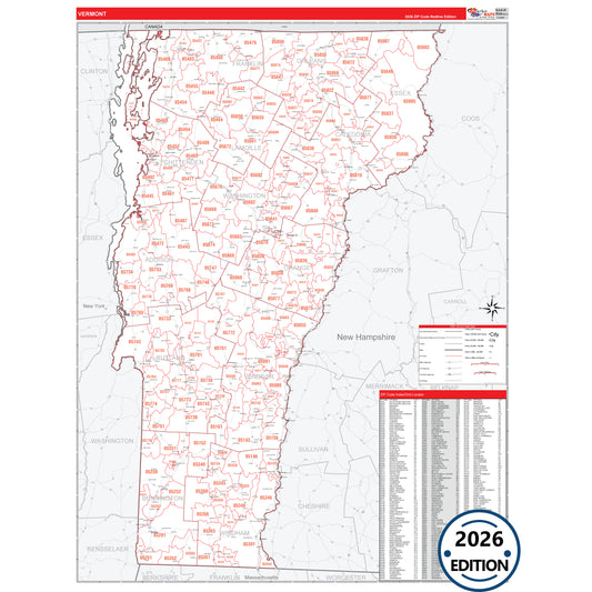 Vermont Red Line 5 Digit ZIP Code Wall Map