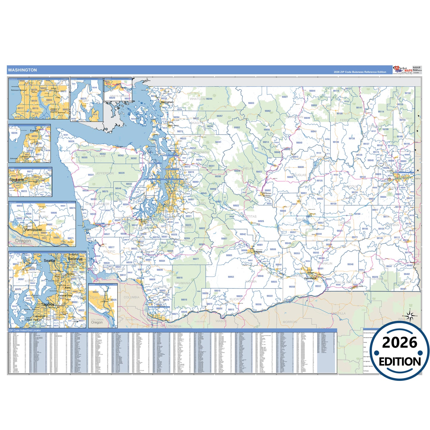 Washington Business Reference 5 Digit ZIP Code Wall Map