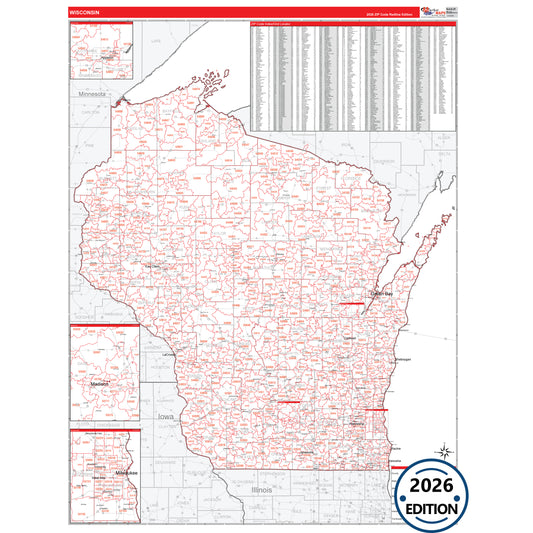 Wisconsin Red Line 5 Digit ZIP Code Wall Map