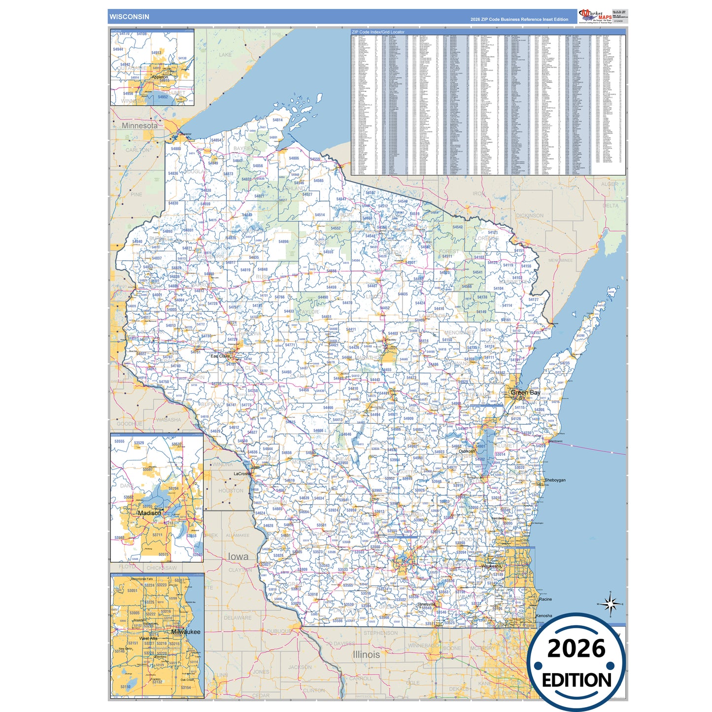 Wisconsin Business Reference 5 Digit ZIP Code Wall Map
