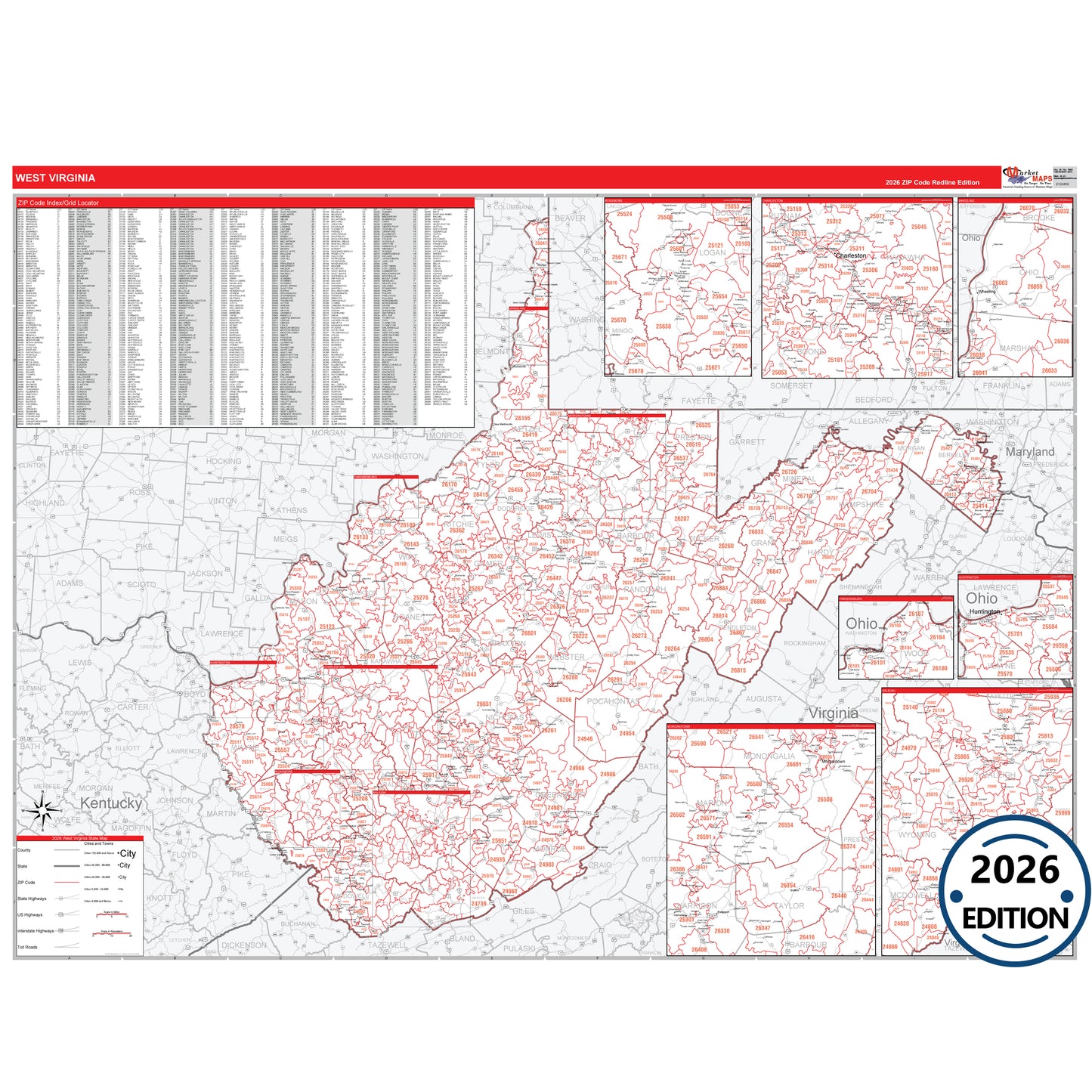 West Virginia Red Line 5 Digit ZIP Code Wall Map
