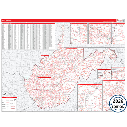 West Virginia Red Line 5 Digit ZIP Code Wall Map