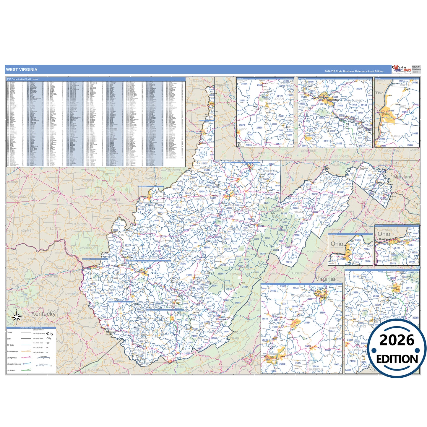 West Virginia Business Reference 5 Digit ZIP Code Wall Map