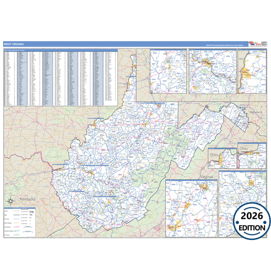 West Virginia Business Reference 5 Digit ZIP Code Wall Map