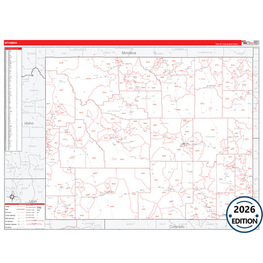Wyoming Red Line 5 Digit ZIP Code Wall Map