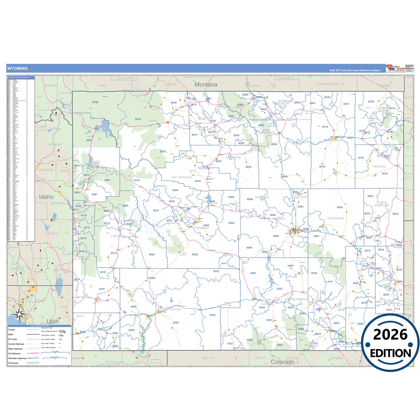 Wyoming Business Reference 5 Digit ZIP Code Wall Map