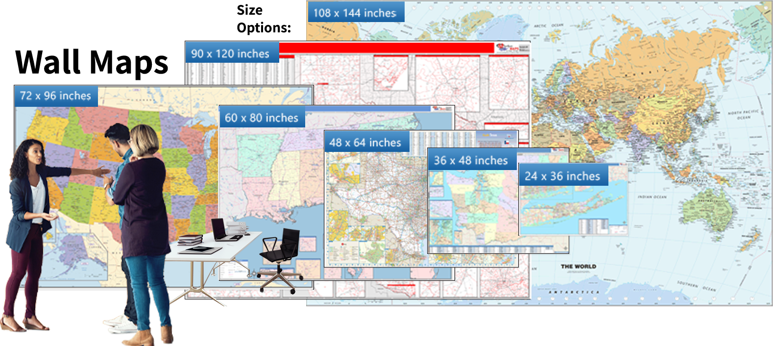 Wall map size comparison chart showing available dimensions