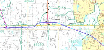 A custom map of north Indianapolis ZIP Codes with carrier routes shaded in yellow along an interstate.