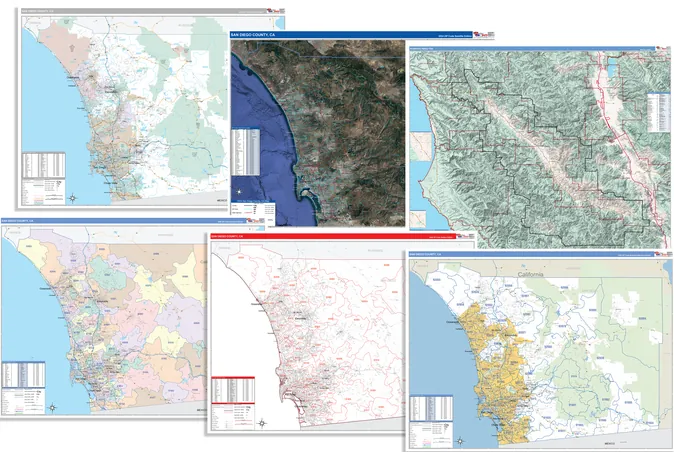 Six San Diego County wall maps fanned out, each printed in a different base map style, from full color through satellite imagery and terrain to a red outline.