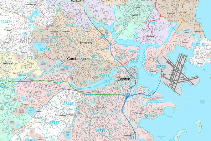 A Boston ZIP code map, the neighborhoods around the harbor tinted ZIP by ZIP, with Cambridge, Somerville and Brookline named and the airport runways drawn across the water.