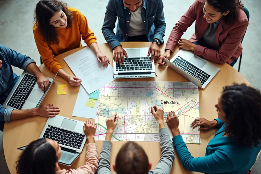 Seen from above, a team around a round table pointing at a large street map of the Belvidere area spread out among their laptops.