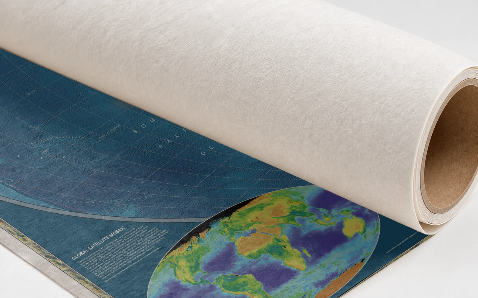 A paper map rolled onto a tube, its uncoated reverse facing out
