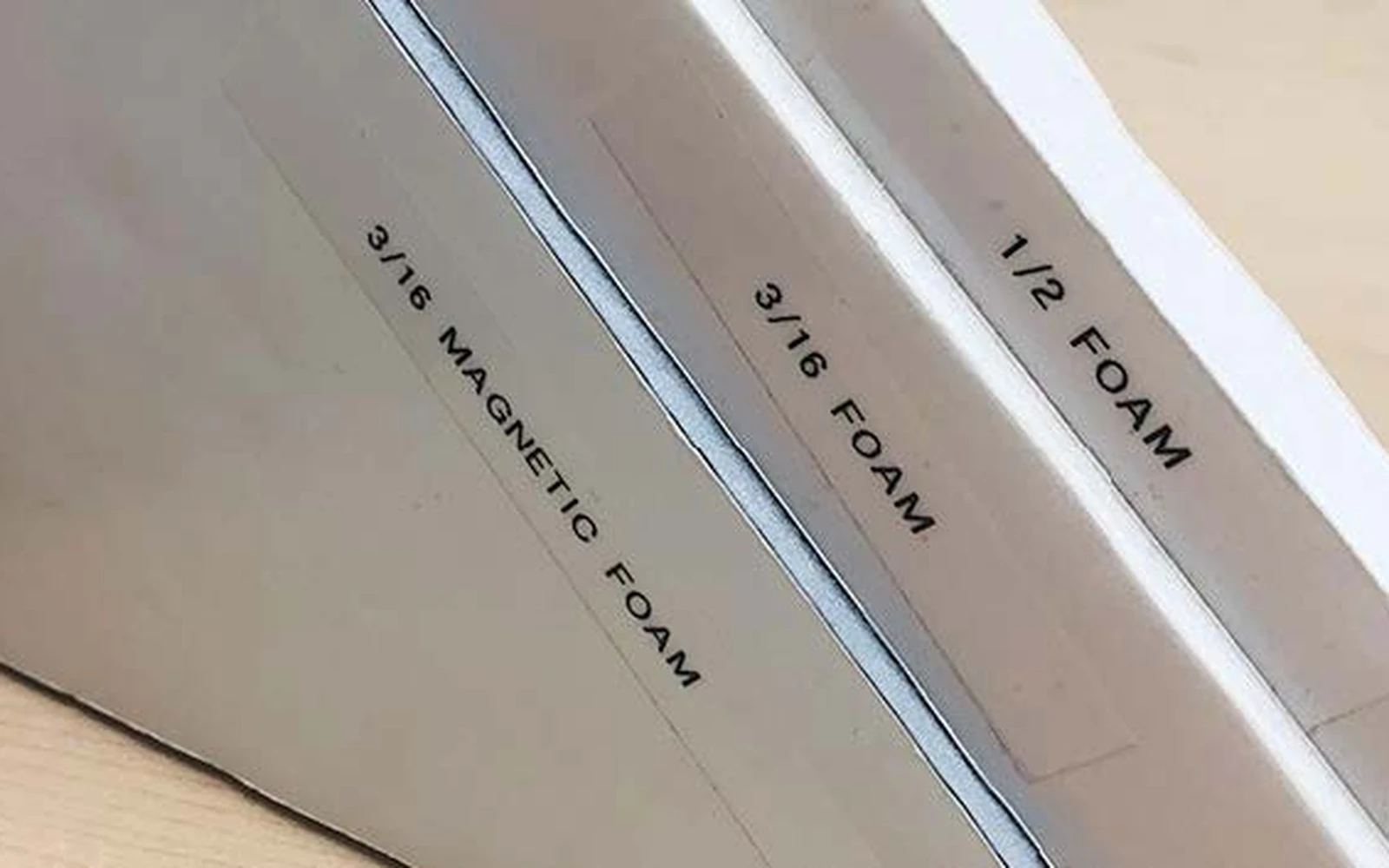 Three board edges labelled 3/16 magnetic foam, 3/16 foam and 1/2 foam