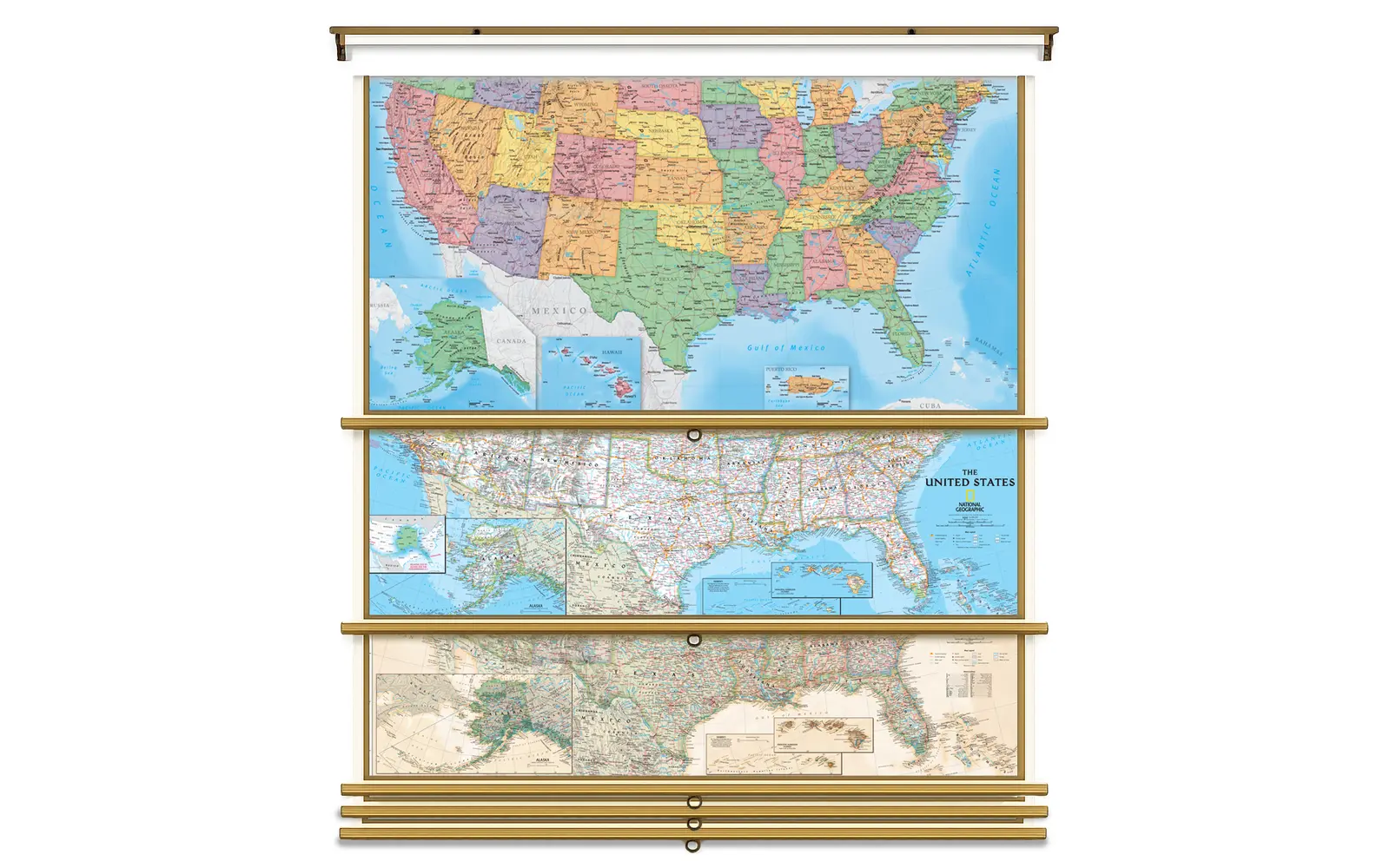 Three maps on stacked spring rollers hanging from one wall bracket