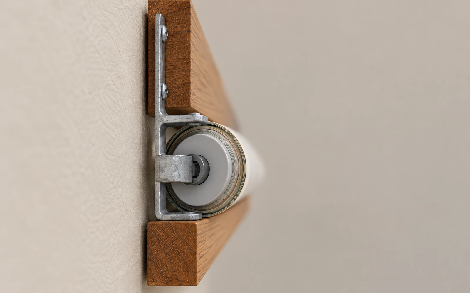 Close-up of the steel bracket holding a roller to a wooden backboard
