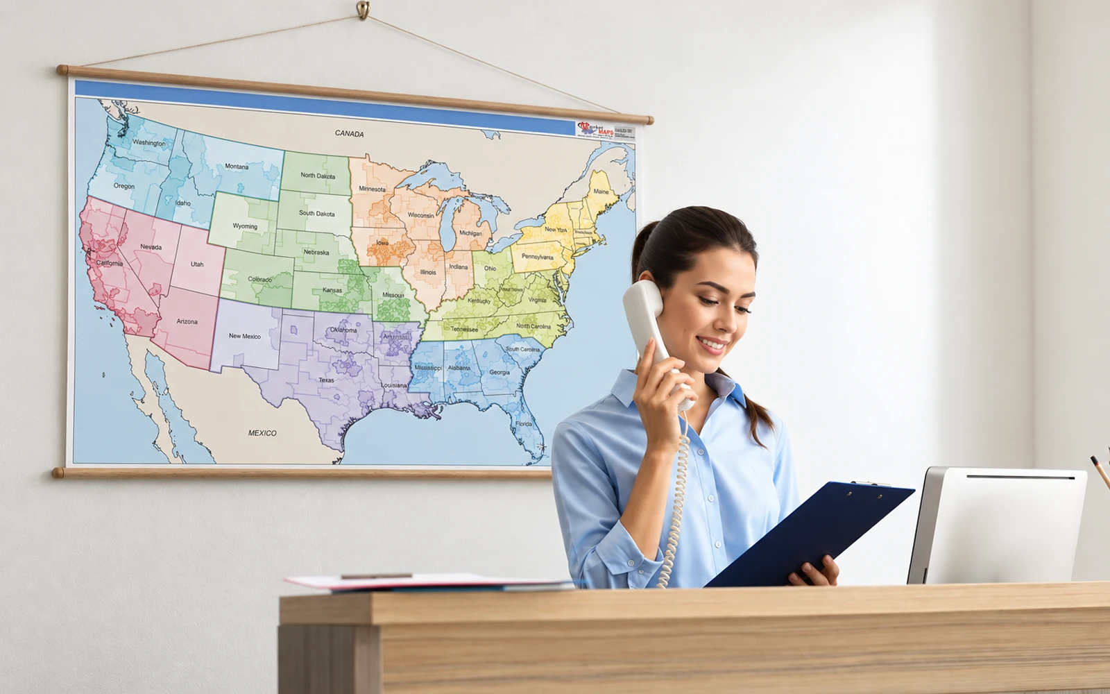 A woman taking a phone call at her desk beneath a railed United States wall map