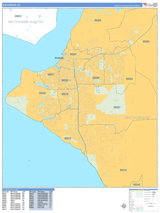 Anchorage, AK ZIP Code Wall Map, Business Reference style