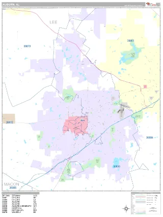 Auburn, AL Classic style ZIP Code wall map