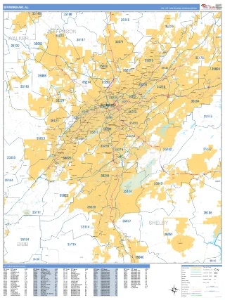 Birmingham, AL Business Reference style ZIP Code wall map