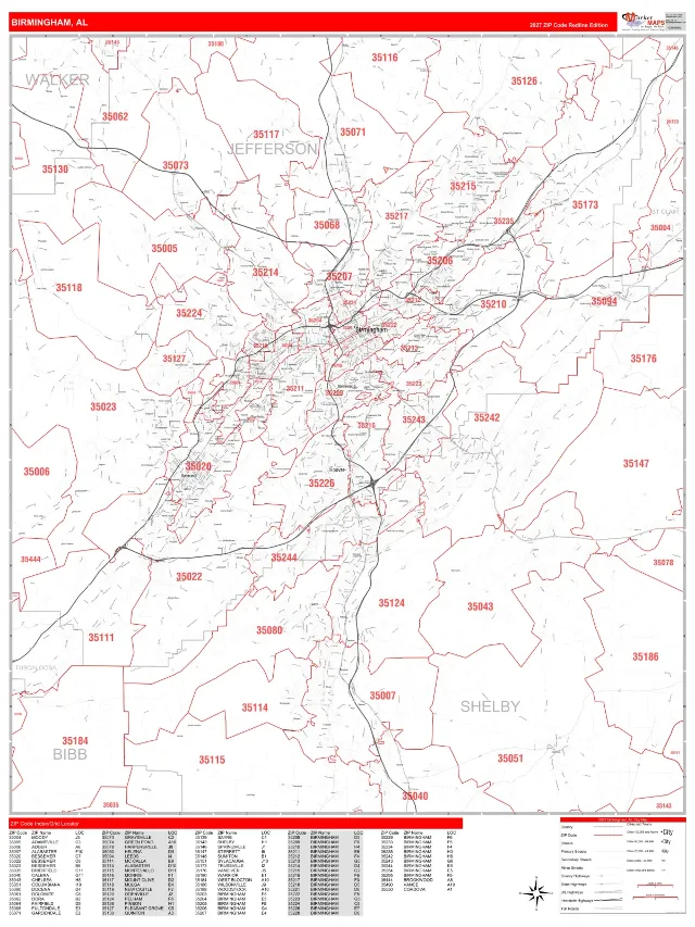 Birmingham, AL ZIP Code Wall Map, RedLine style
