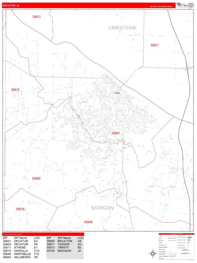Decatur, AL ZIP Code Wall Map, RedLine style