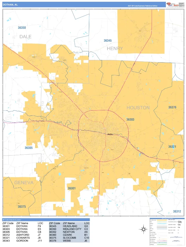 Dothan, AL ZIP Code Wall Map, Business Reference style