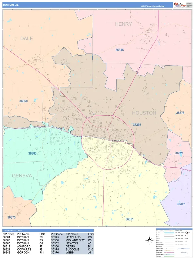 Dothan, AL ZIP Code Wall Map, ColorCast style