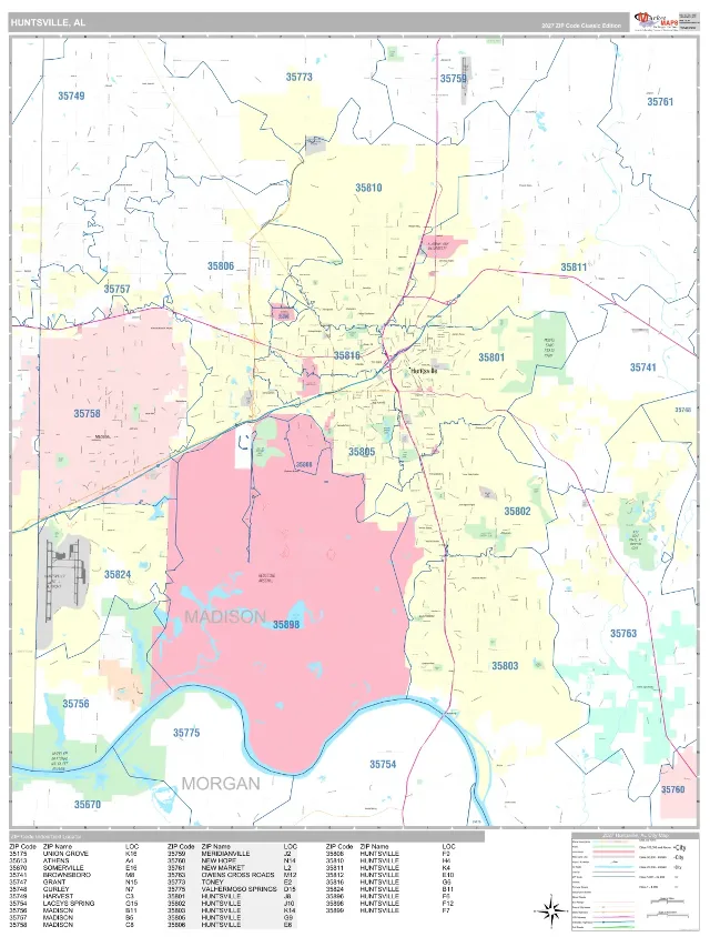 Huntsville, AL ZIP Code Wall Map, Classic style