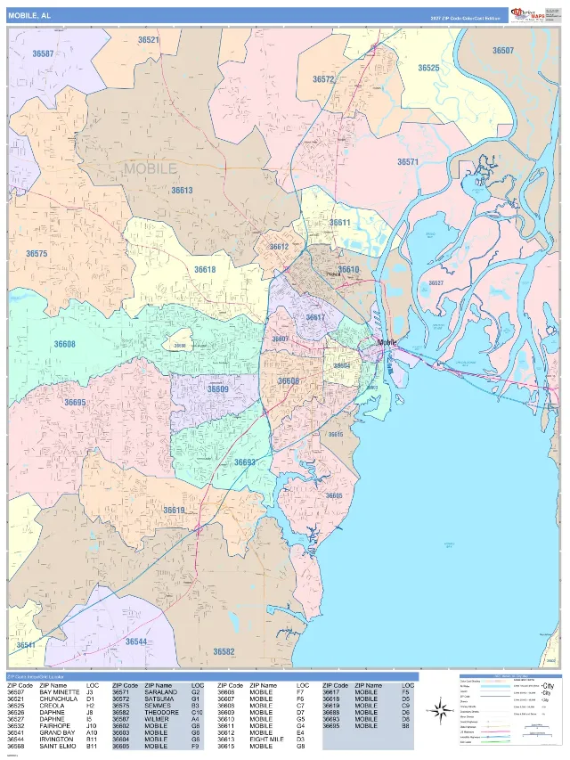 Mobile, AL ZIP Code Wall Map, ColorCast style