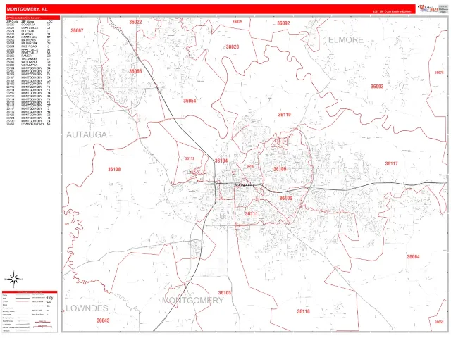 Montgomery, AL ZIP Code Wall Map, RedLine style