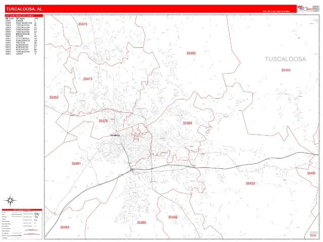 Tuscaloosa, AL ZIP Code Wall Map, RedLine style