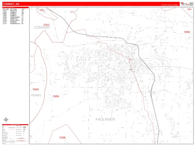 Conway, AR ZIP Code Wall Map, RedLine style