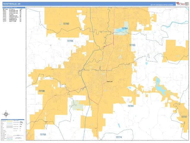 Fayetteville, AR ZIP Code Wall Map, Business Reference style
