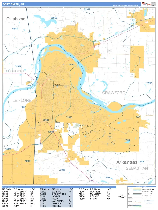 Fort Smith, AR ZIP Code Wall Map, Business Reference style