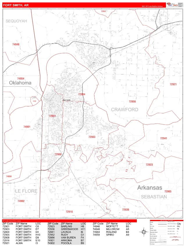 Fort Smith, AR ZIP Code Wall Map, RedLine style