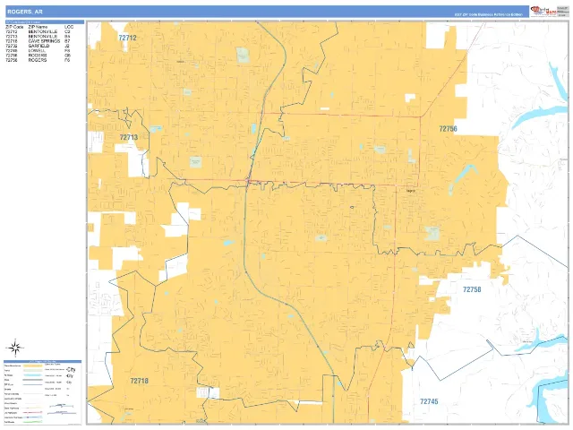Rogers, AR ZIP Code Wall Map, Business Reference style