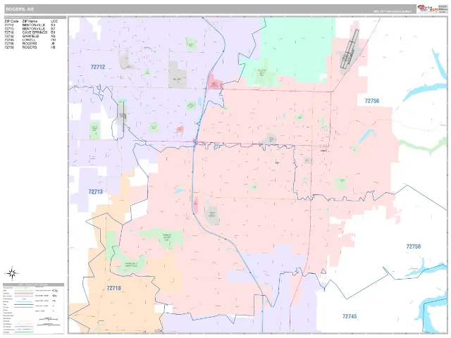 Rogers, AR ZIP Code Wall Map, Classic style