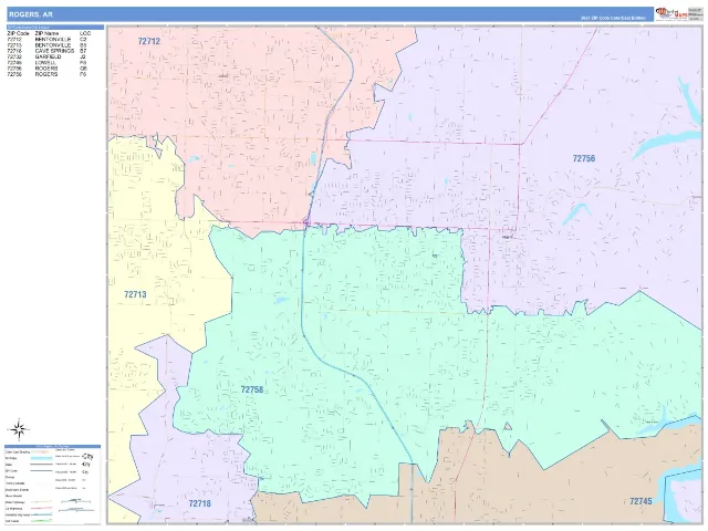 Rogers, AR ZIP Code Wall Map, ColorCast style