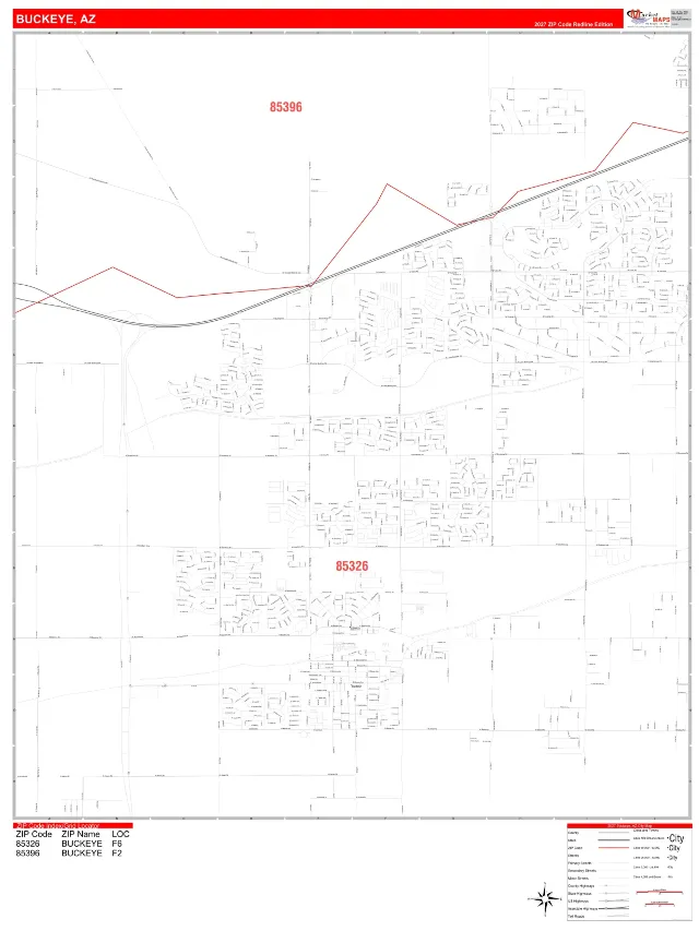 Buckeye, AZ ZIP Code Wall Map, RedLine style