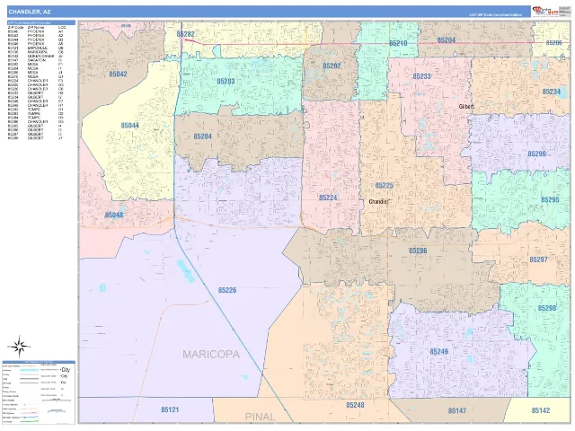 Chandler, AZ ZIP Code Wall Map, ColorCast style