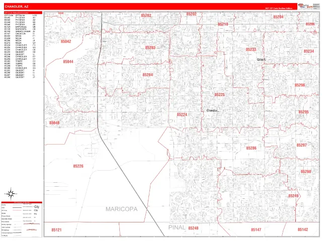Chandler, AZ ZIP Code Wall Map, RedLine style