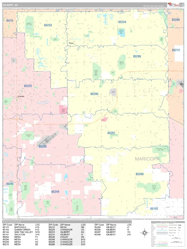 Gilbert, AZ ZIP Code Wall Map, Classic style