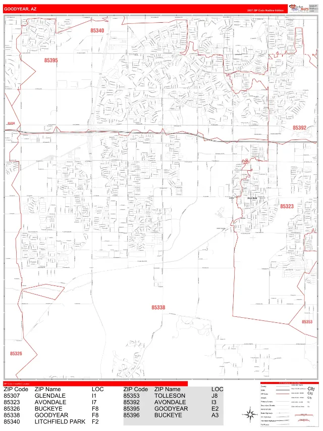 Goodyear, AZ ZIP Code Wall Map, RedLine style