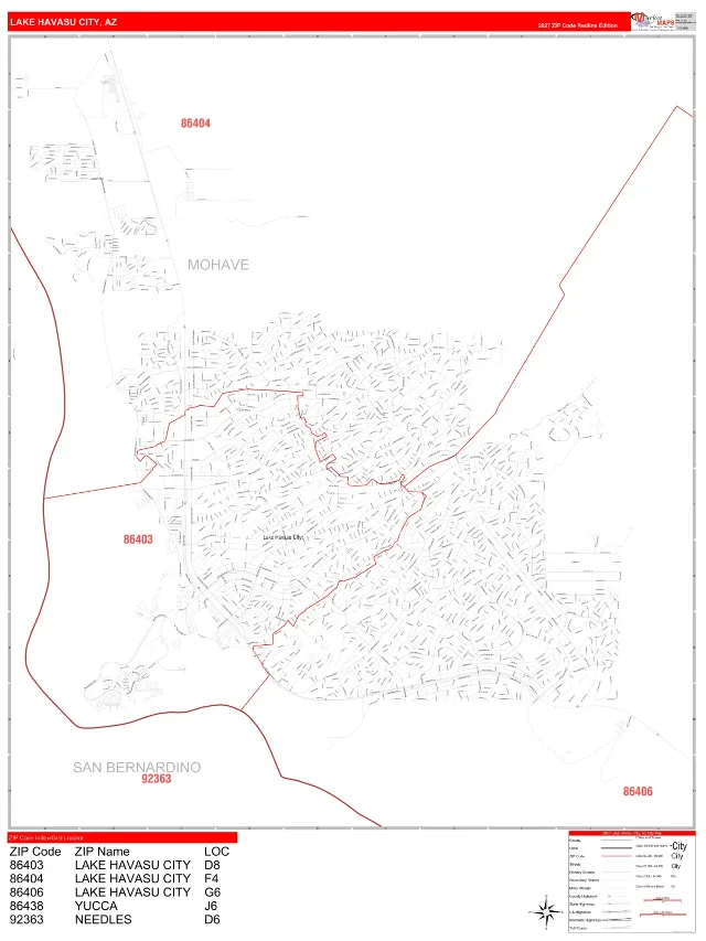 Lake Havasu City, AZ ZIP Code Wall Map, RedLine style