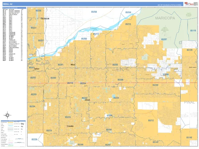 Mesa, AZ ZIP Code Wall Map, Business Reference style