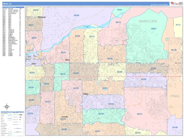 Mesa, AZ ZIP Code Wall Map, ColorCast style