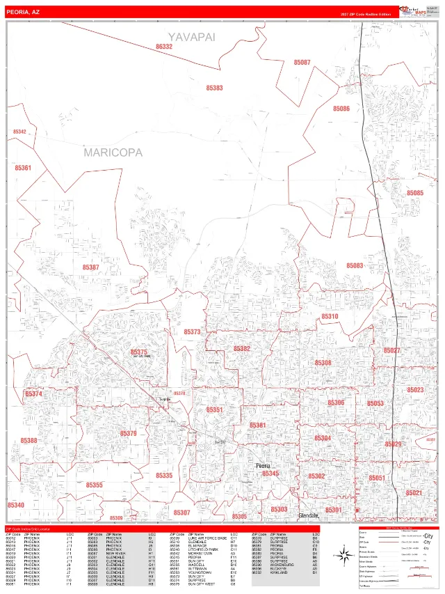 Peoria, AZ ZIP Code Wall Map, RedLine style
