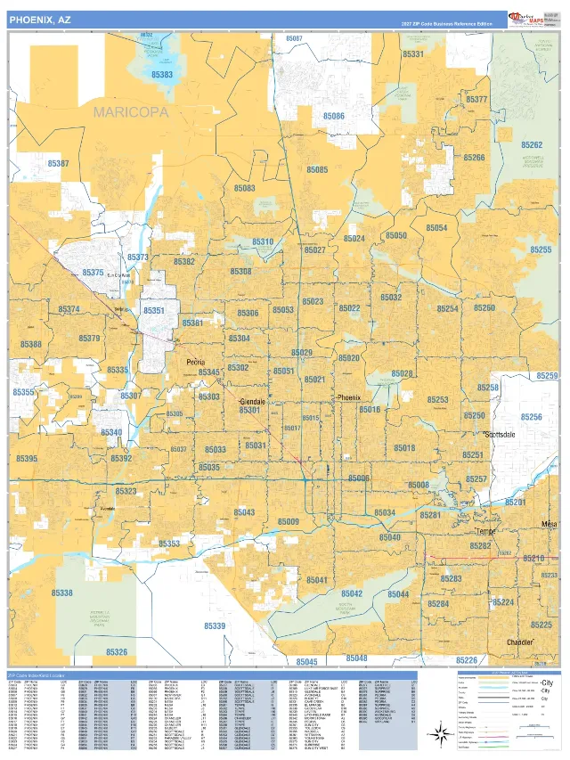 Phoenix, AZ ZIP Code Wall Map, Business Reference style